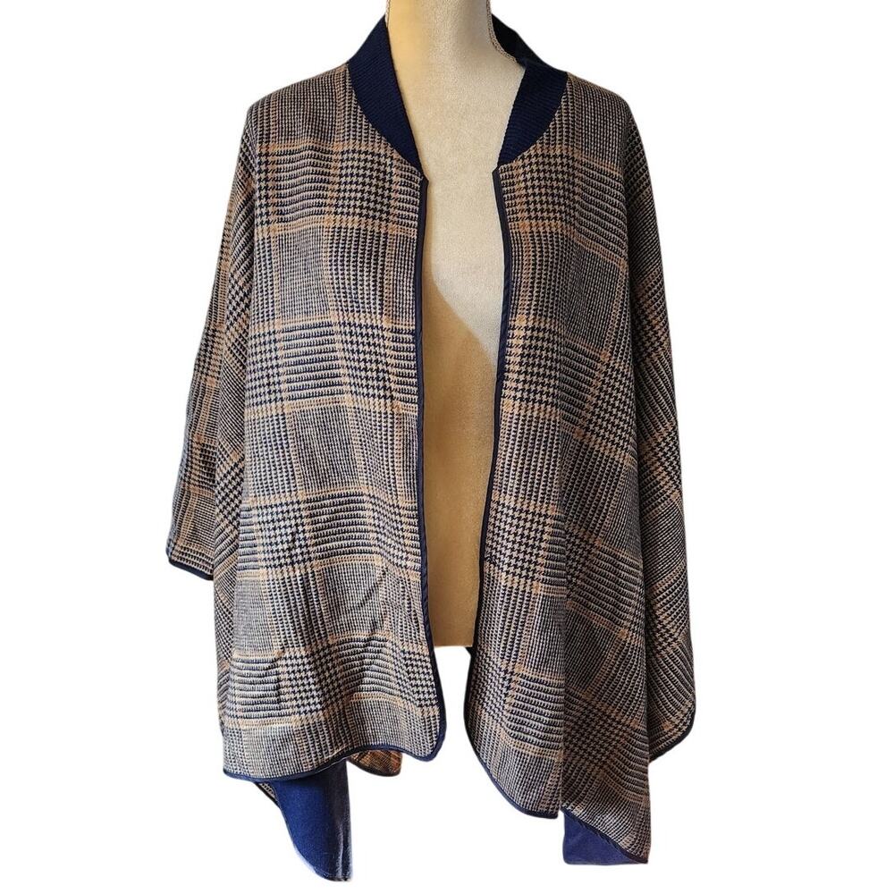 Lands' End Reversible Houndstooth Plaid Blanket Jacket Cape Mock Neck One Size